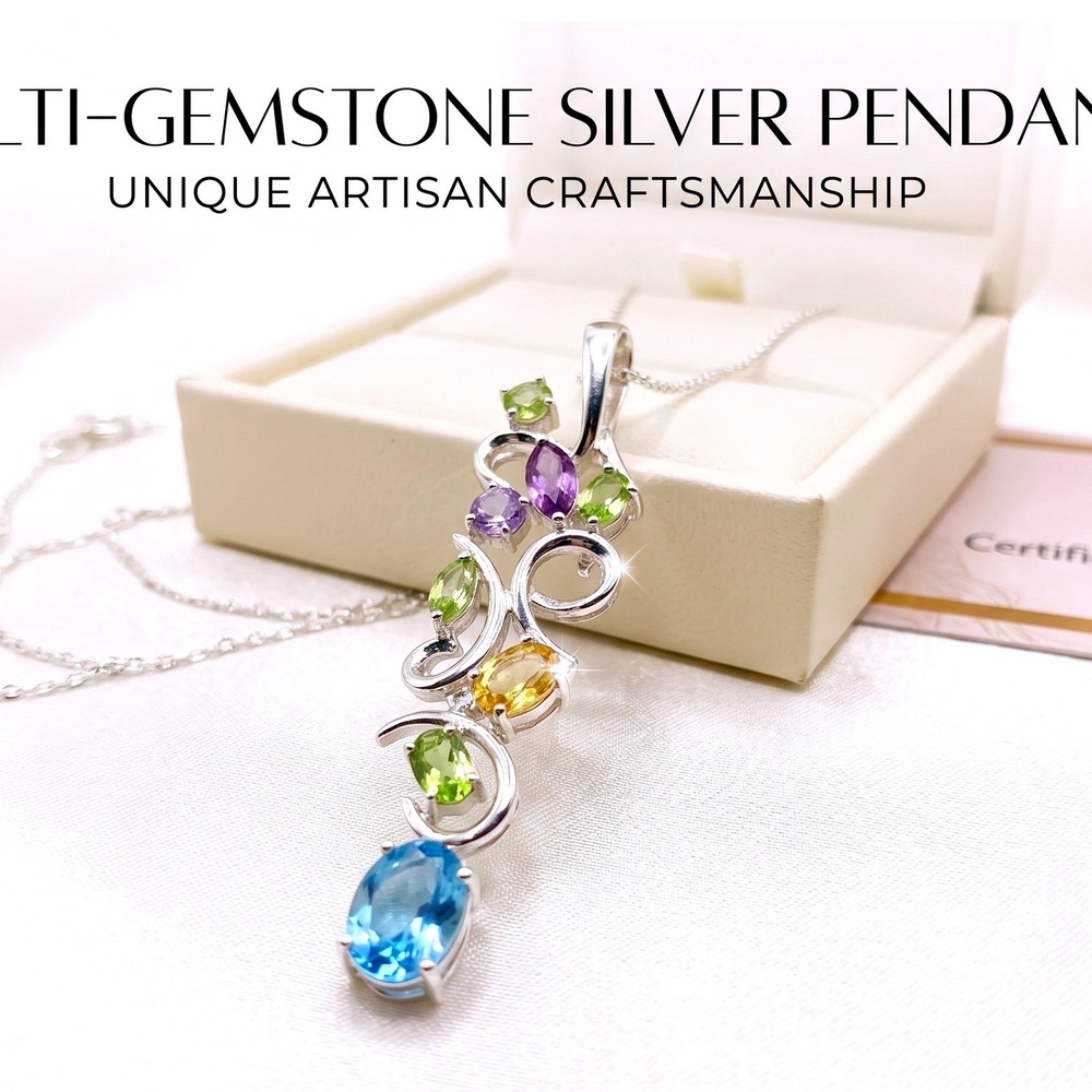 Multi Gemstone Topaz Peridot Scroll Vine Drop Pendant‎ Multicolor
